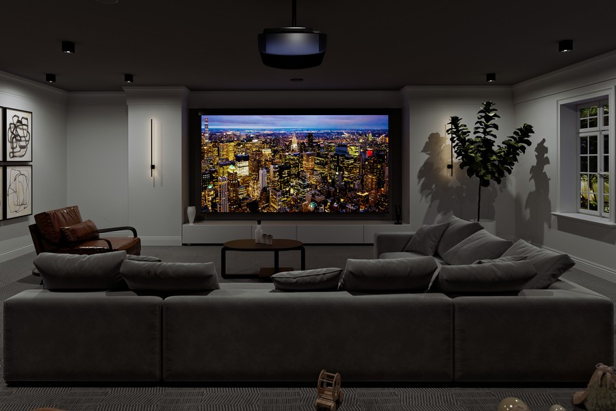 A home theater installation in an Indiana home with a large screen and hidden speakers.